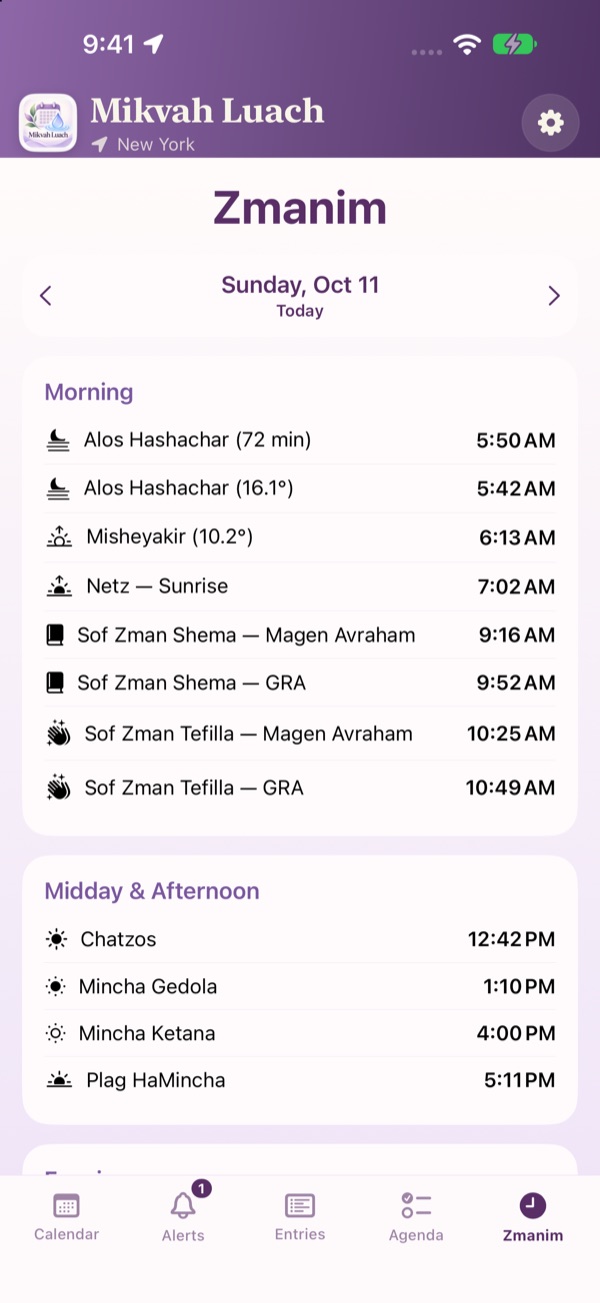 Zmanim for the selected location